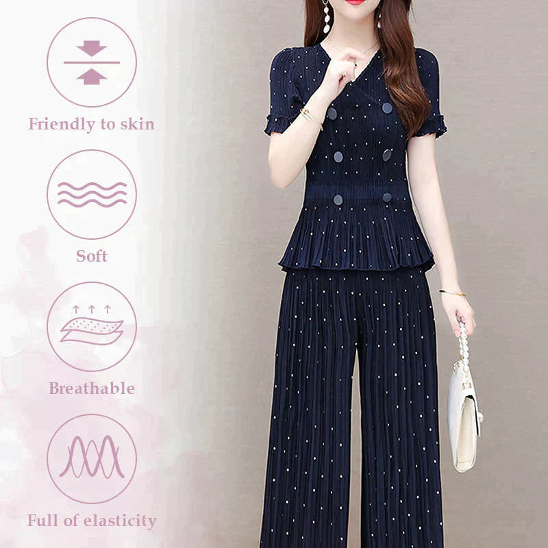 Moda Nuevo conjunto de pantalón de pierna ancha plisada