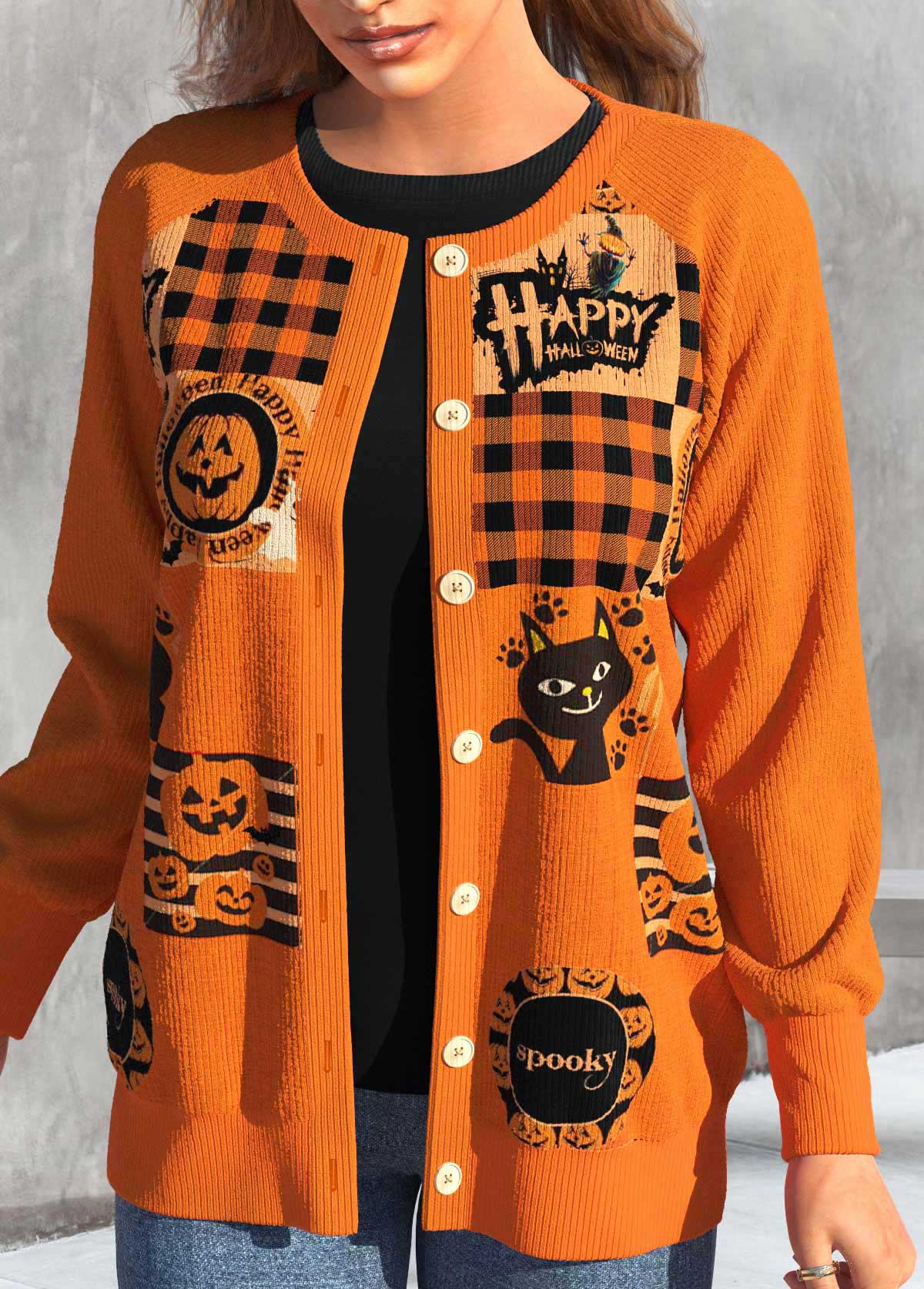 Orange Button Halloween Print Long Sleeve Coat
