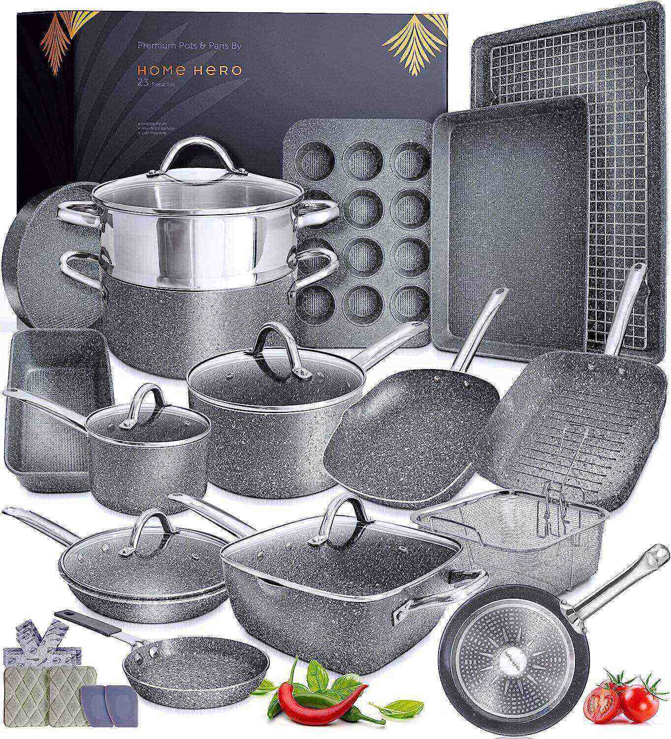 Juegos de utensilios de cocina de granito Juego de ollas y sartenes antiadherentes Juego de utensilios de cocina de 23 piezas Juego de utensilios de cocina de inducción Juego de ollas y sartenes de inducción para cocinar Juego de sartenes Juego de ut