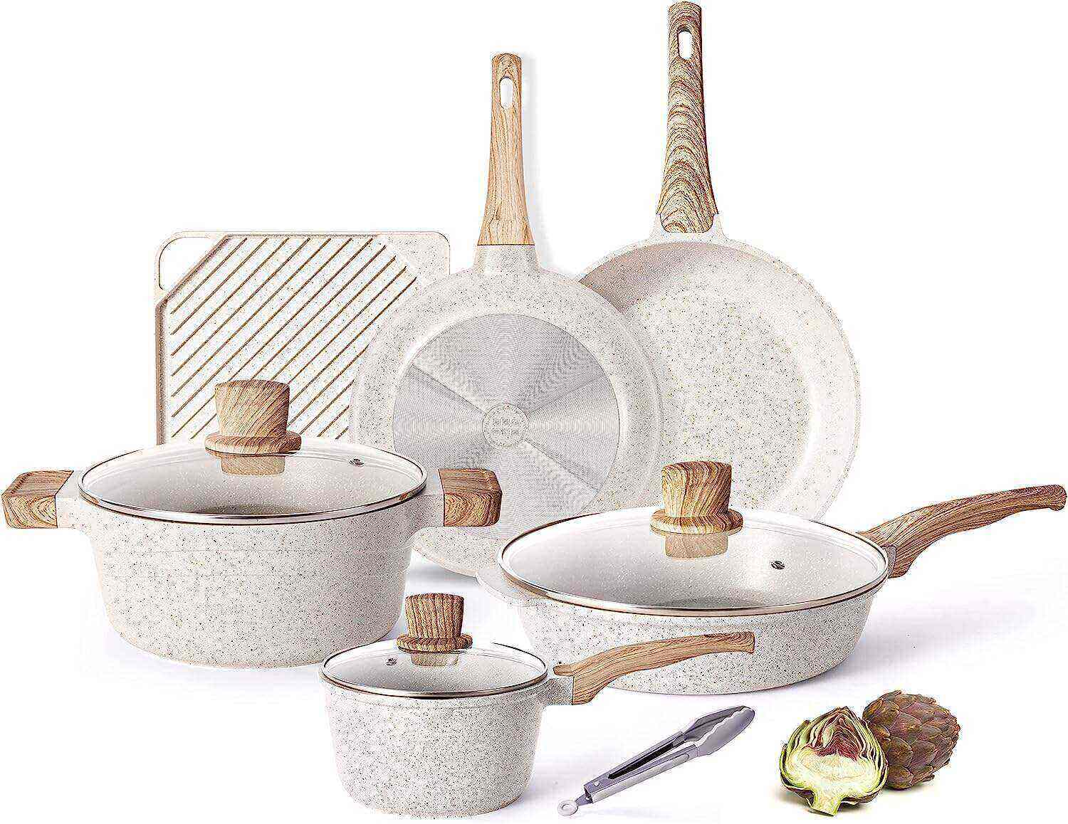 ZJW-Juego de utensilios de cocina antiadherentes Caannasweis Sartenes de granito para cocinar Esenciales de cocina de piedra de mármol Juego de 11 piezas Beige