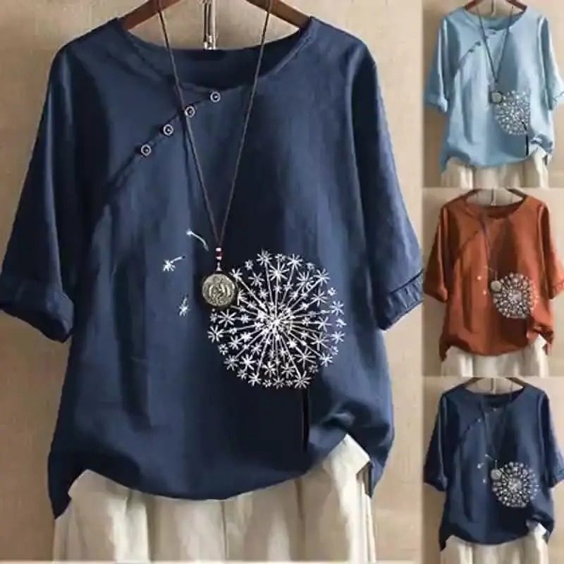 【S-5XL】Γυναικείο κοντομάνικο vintage εμπριμέ πουκάμισο