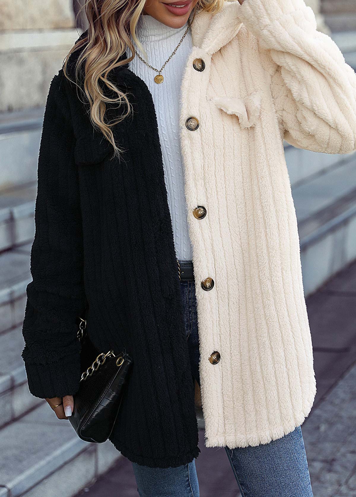 Black Button Long Sleeve Turn Down Collar Coat