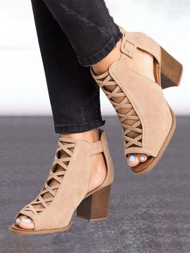 Urban Commuting Simple Hollow Cross Thin Straps Thick-heeled Sandals And Boots