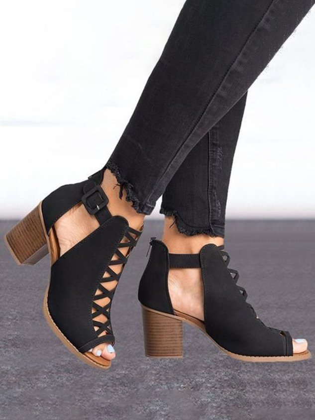 Urban Commuting Simple Hollow Cross Thin Straps Thick-heeled Sandals And Boots