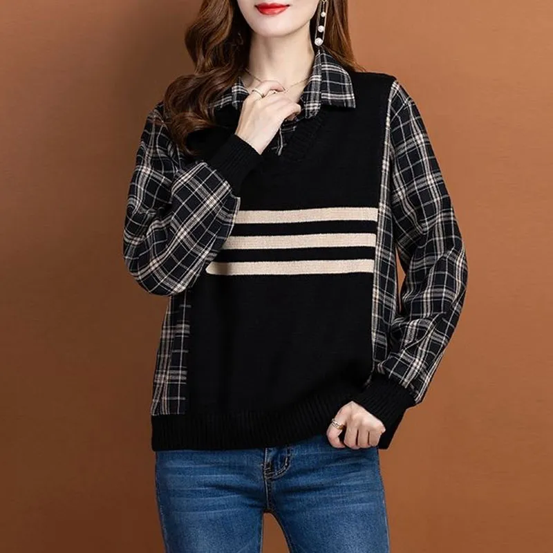 England Plaid Blouse Autumn Winter Fake Two Pieces Knitted Patchwork Women's Clothing Loose Commute Polo-Neck Long Sleeve Shirt