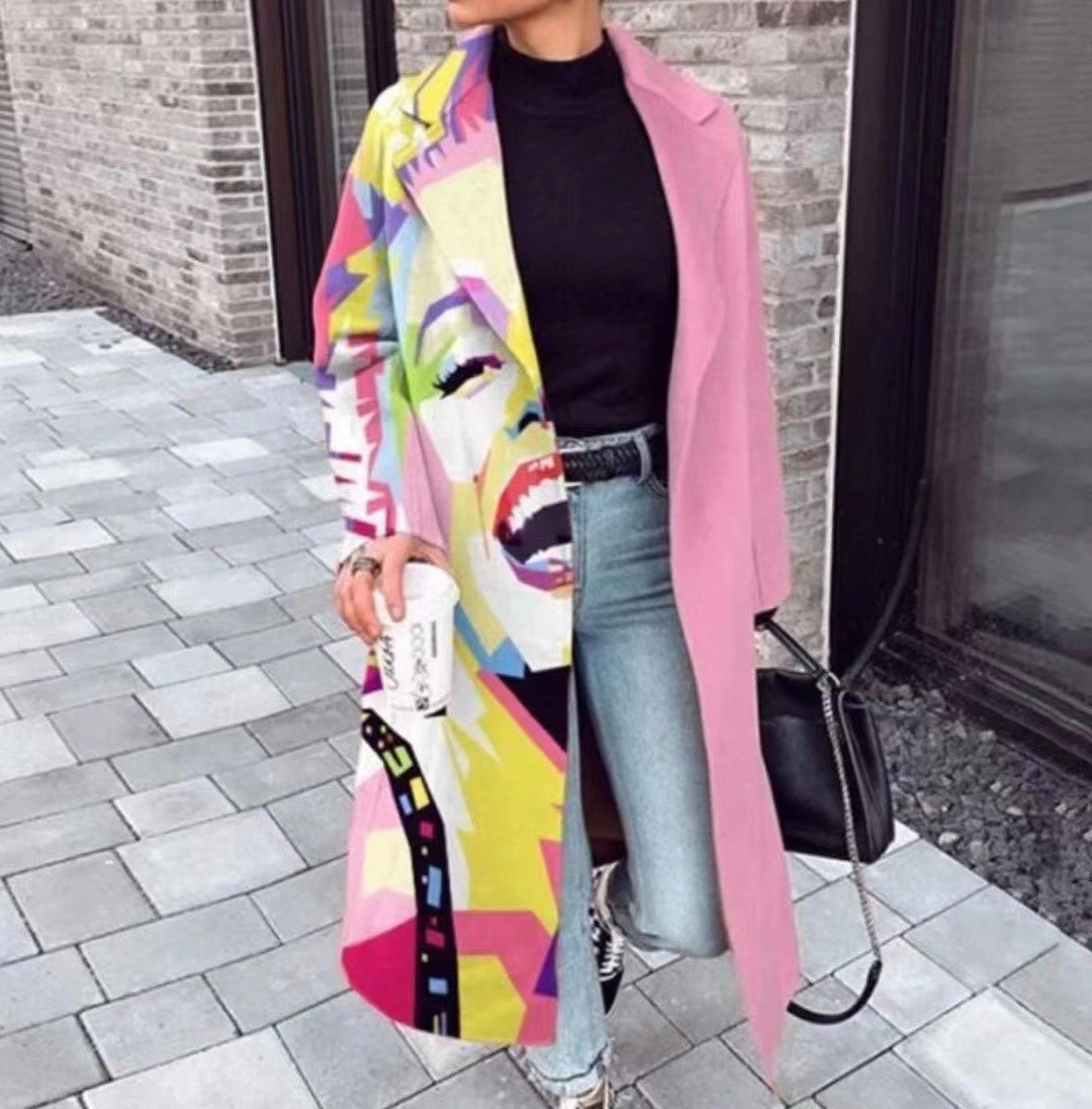 Long-sleeved printed coat lapel coat