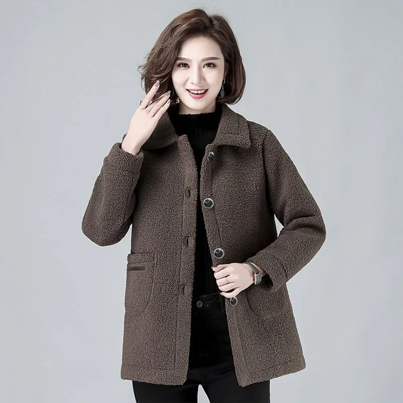 Lamb Wool Women's Coat 2023 New Autumn Winter Sheep Shearing Furry Warm Jacket Middle-Aged Elderly Mothers Jacket Outerwear 5XL