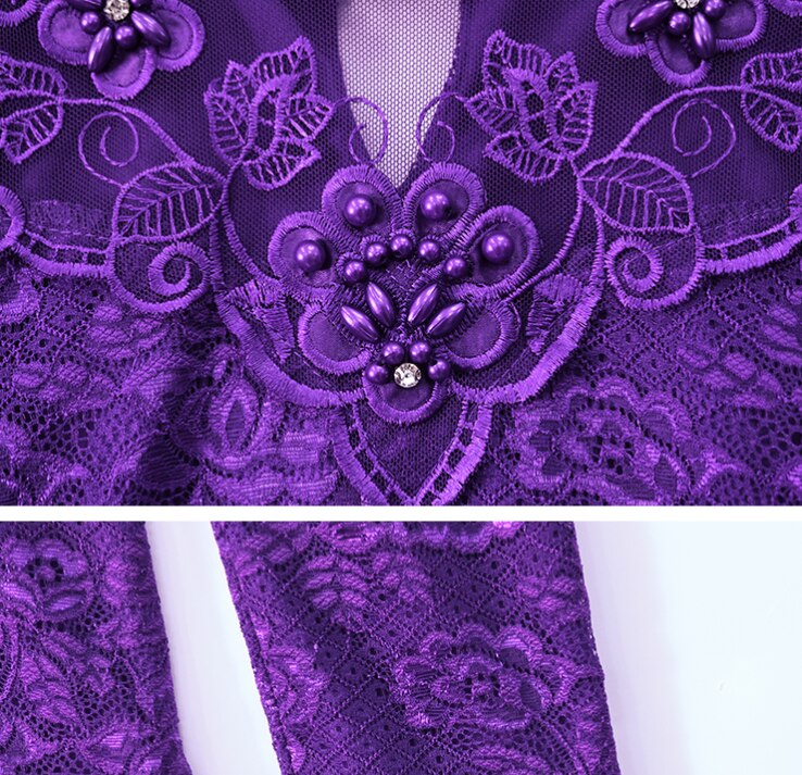 M-5XL Spring Autumn Women clothing Hot Sale Lace Blouse Shirt Patchwork Beaded Mesh Tops Long sleeve Women shirt