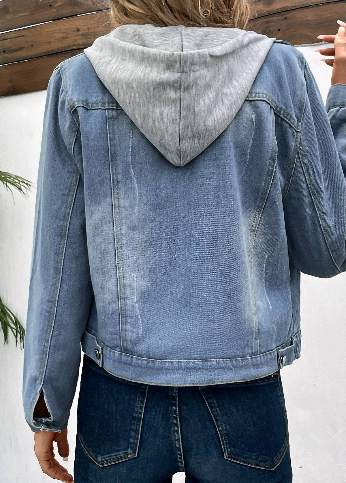 Denim Blue Patchwork Long Sleeve Hooded Coat