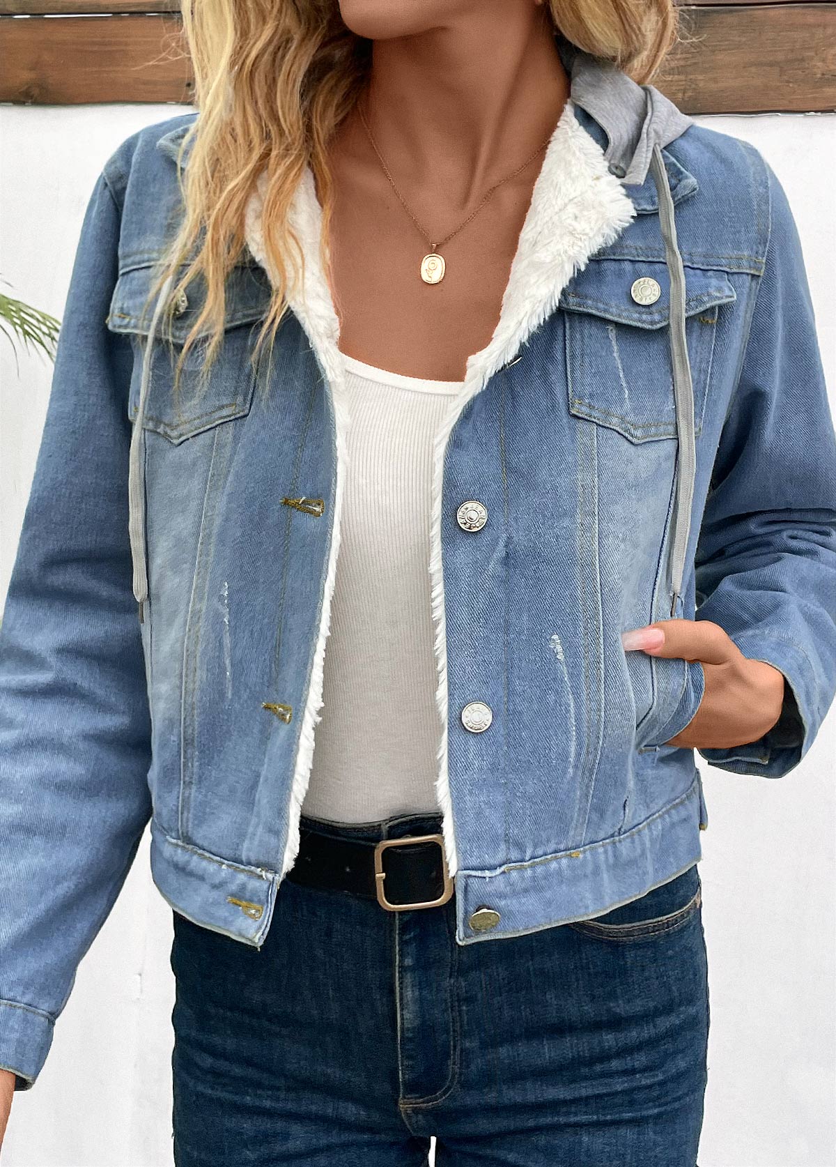 Denim Blue Patchwork Long Sleeve Hooded Coat