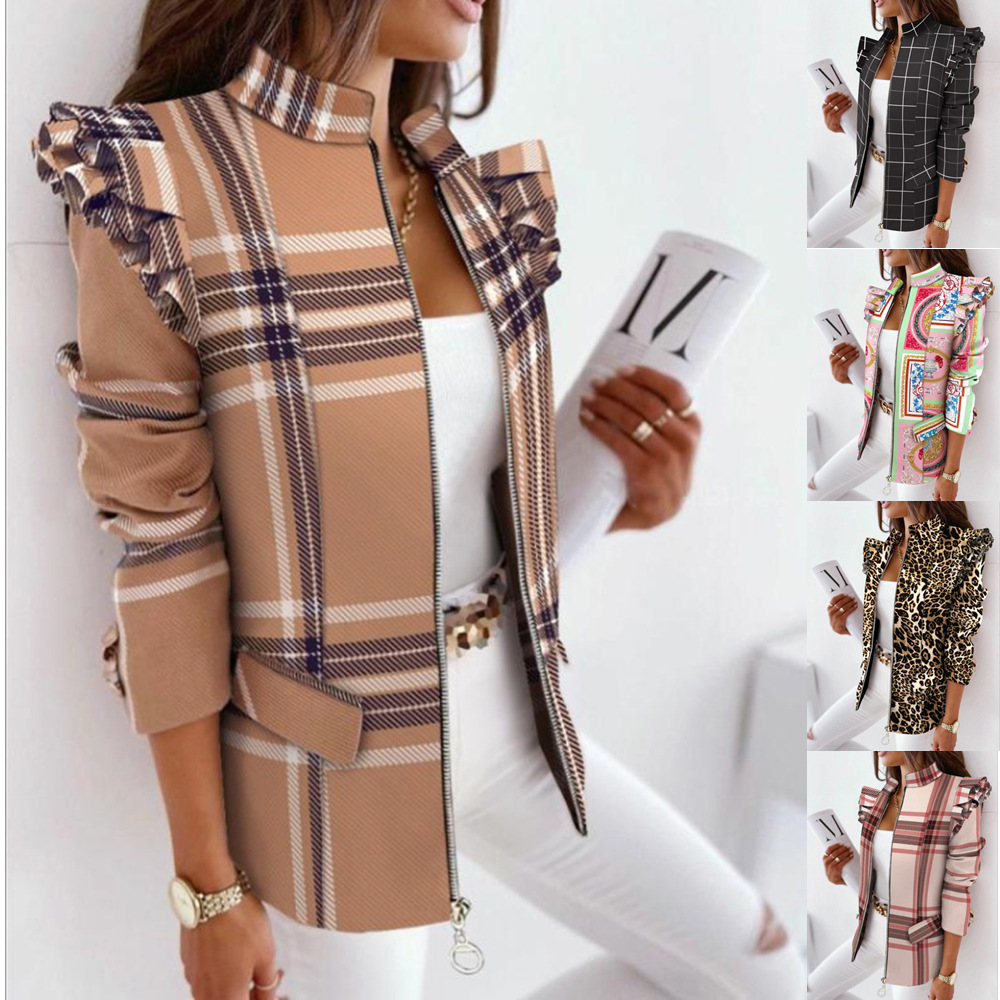 Colorful Thin Blazer Jacket for Women Fashion Spring Leopard Printed Ruffled Long-sleeved Zipper Suit Clothing for Woman Blazers