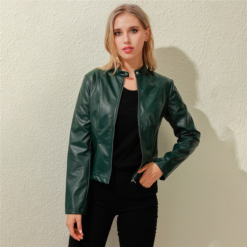 New Ladies Slim Faux Leather Jacket Stand-Up Collar Long Sleeve Overcoat Zipper Cardigan Short Coat abrigos mujer invierno 2023