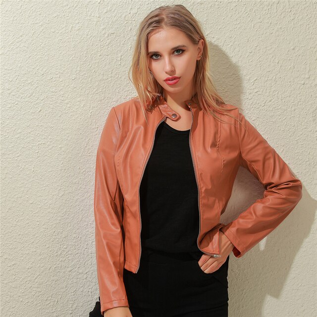 New Ladies Slim Faux Leather Jacket Stand-Up Collar Long Sleeve Overcoat Zipper Cardigan Short Coat abrigos mujer invierno 2023