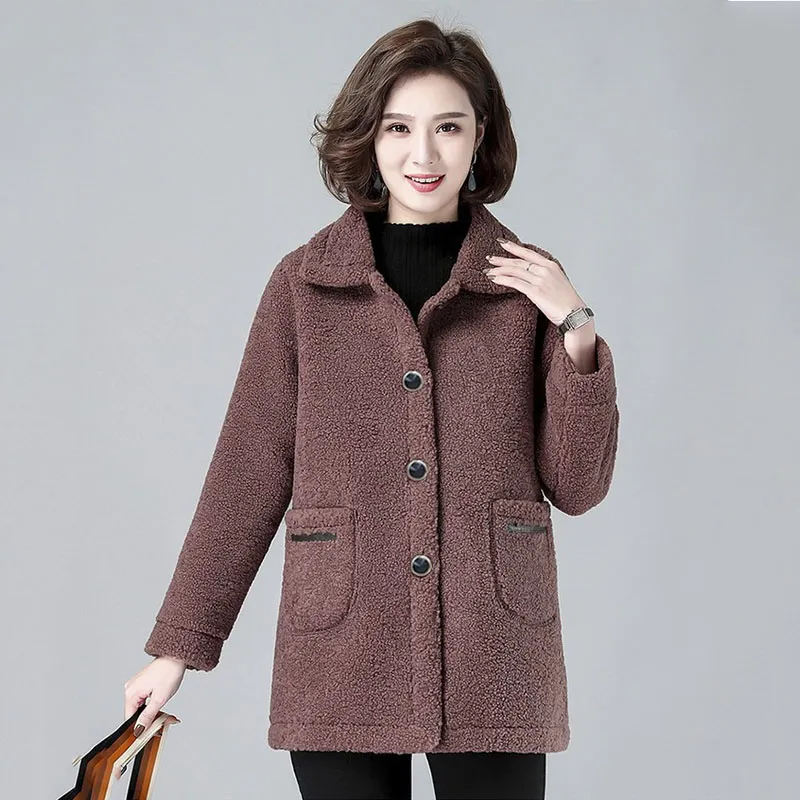 Lamb Wool Women's Coat 2023 New Autumn Winter Sheep Shearing Furry Warm Jacket Middle-Aged Elderly Mothers Jacket Outerwear 5XL