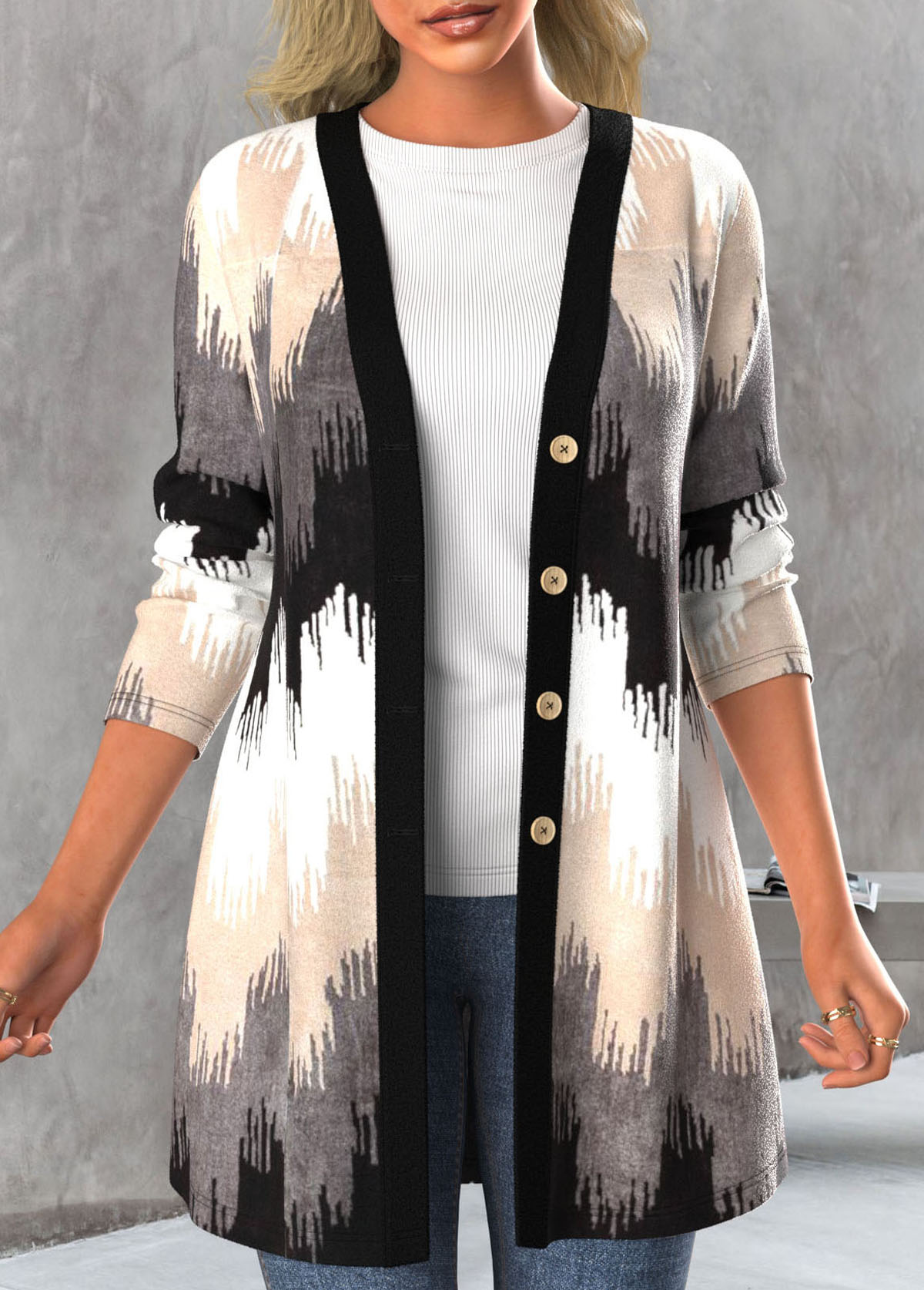 Black Button Geometric Print Long Sleeve Coat