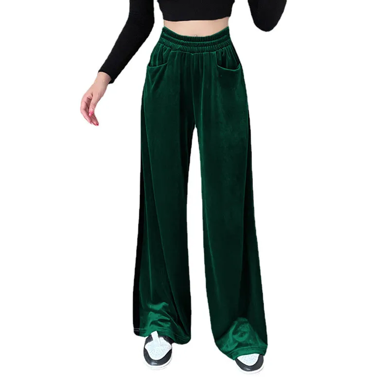 Womens Velvet Pants Wide Leg Y2K Elastic Waist Loose Baggy Lounge Athletic Trousers Jogger Sweatpants with Pockets