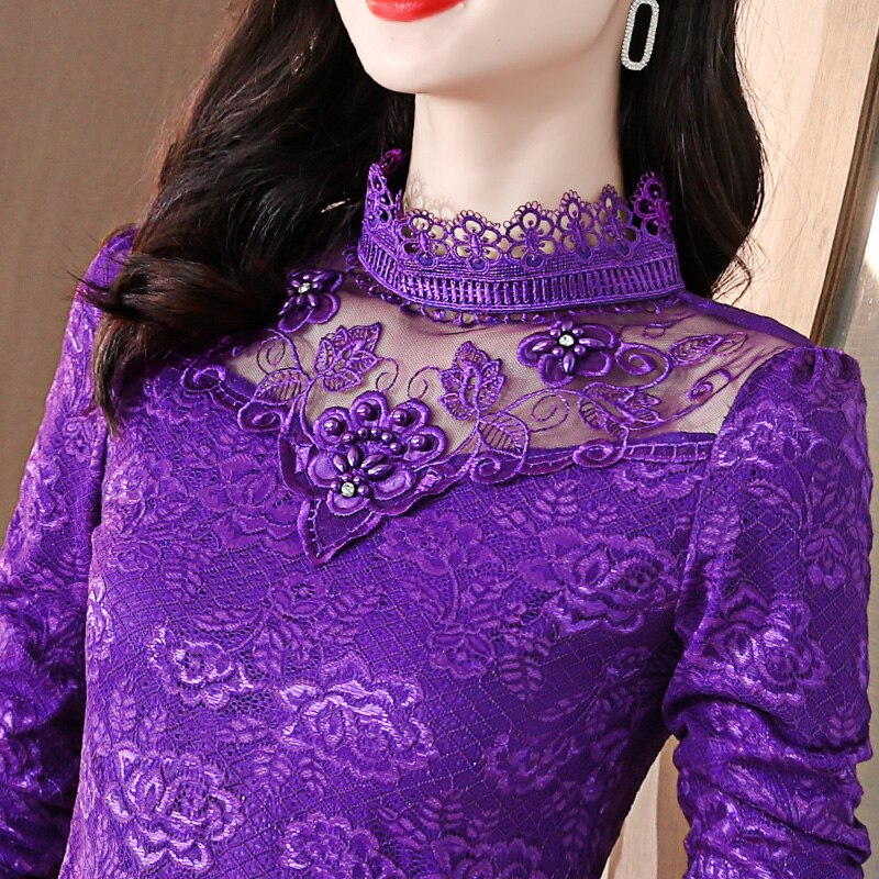 M-5XL Spring Autumn Women clothing Hot Sale Lace Blouse Shirt Patchwork Beaded Mesh Tops Long sleeve Women shirt