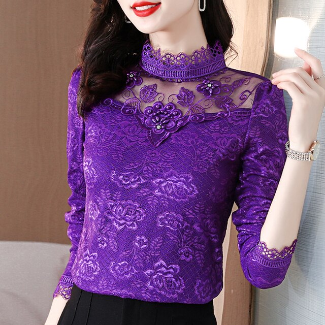 M-5XL Spring Autumn Women clothing Hot Sale Lace Blouse Shirt Patchwork Beaded Mesh Tops Long sleeve Women shirt