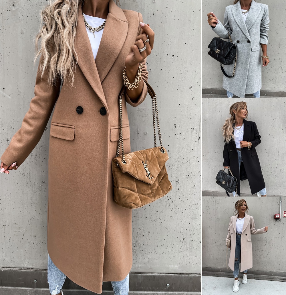 Autumn and Winter Long Suit Collar Woolen Coat Women