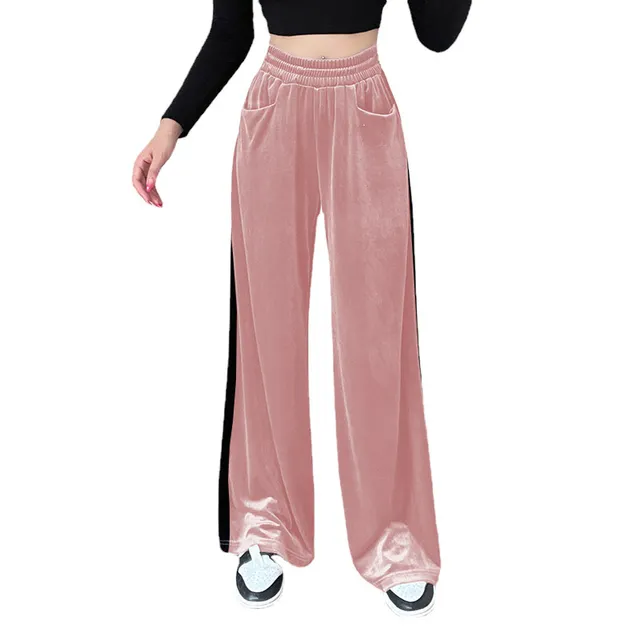 Womens Velvet Pants Wide Leg Y2K Elastic Waist Loose Baggy Lounge Athletic Trousers Jogger Sweatpants with Pockets