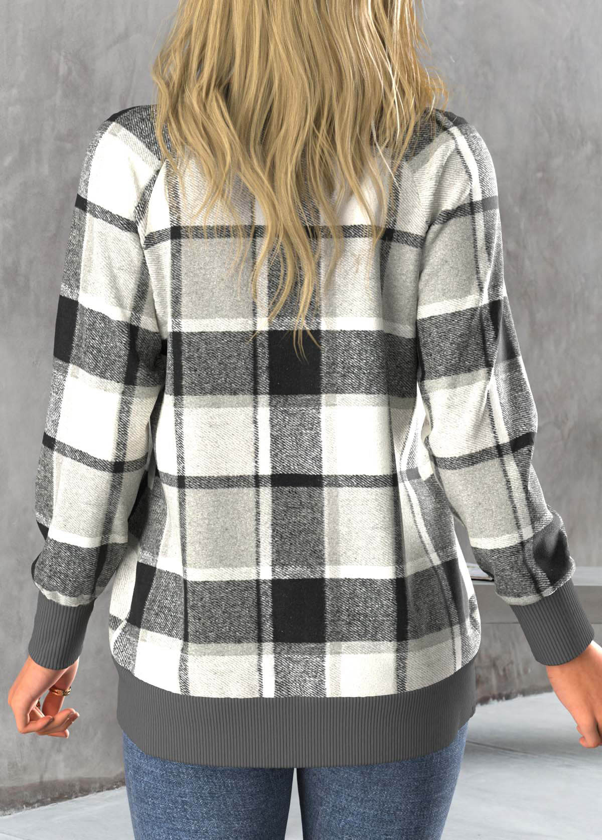 Dark Grey Button Tartan Print Long Sleeve Coat