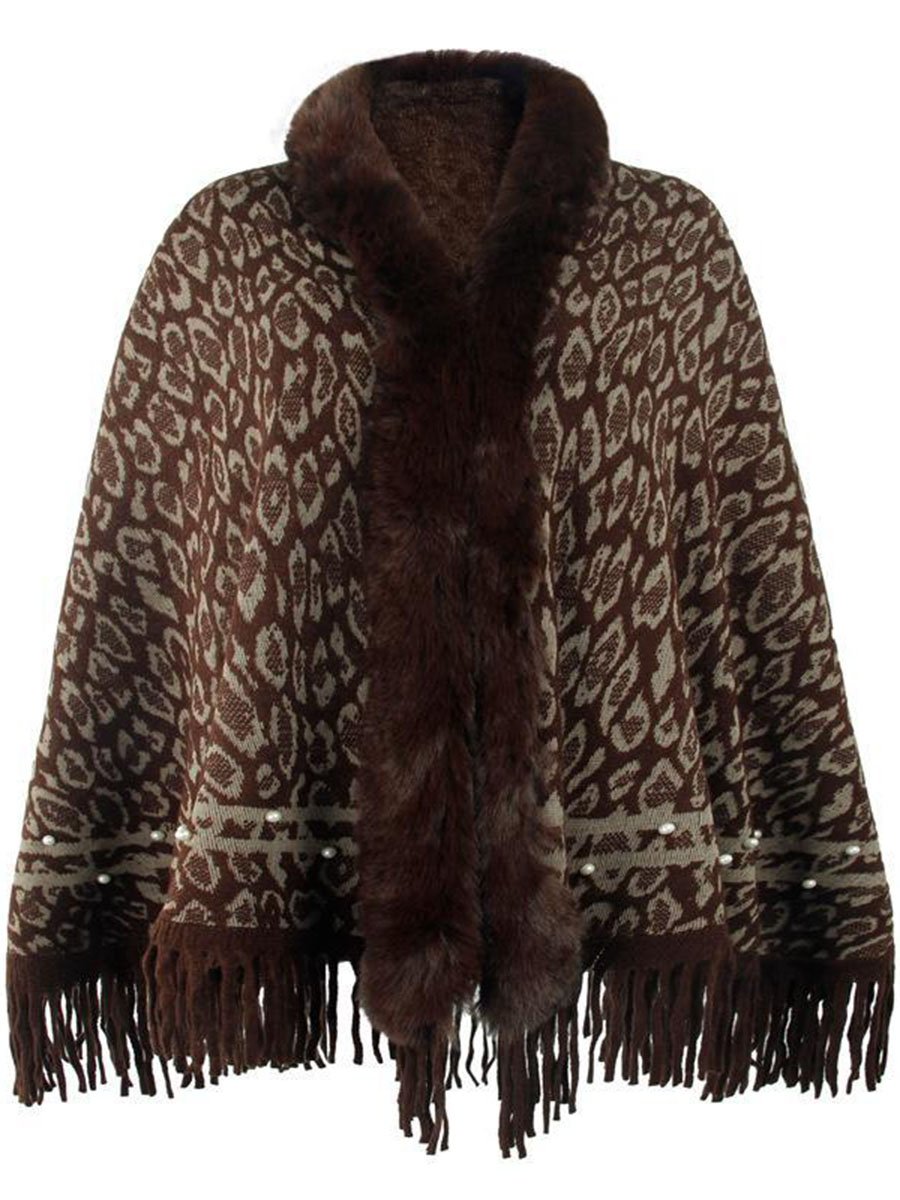 Women's Western Denim Leopard Print Fur Collar Fringe Jacket