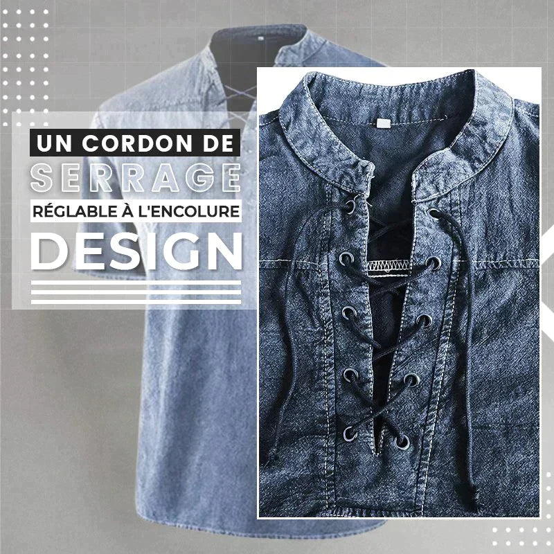 Camiseta gótica vintage de hombre con cuello en V y bolsillos de lino camiseta de manga corta holgada