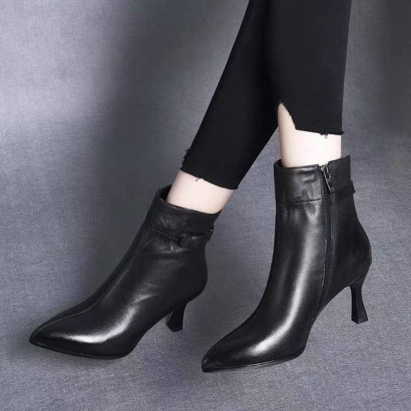 Botas De Cuero De Tacón Fino