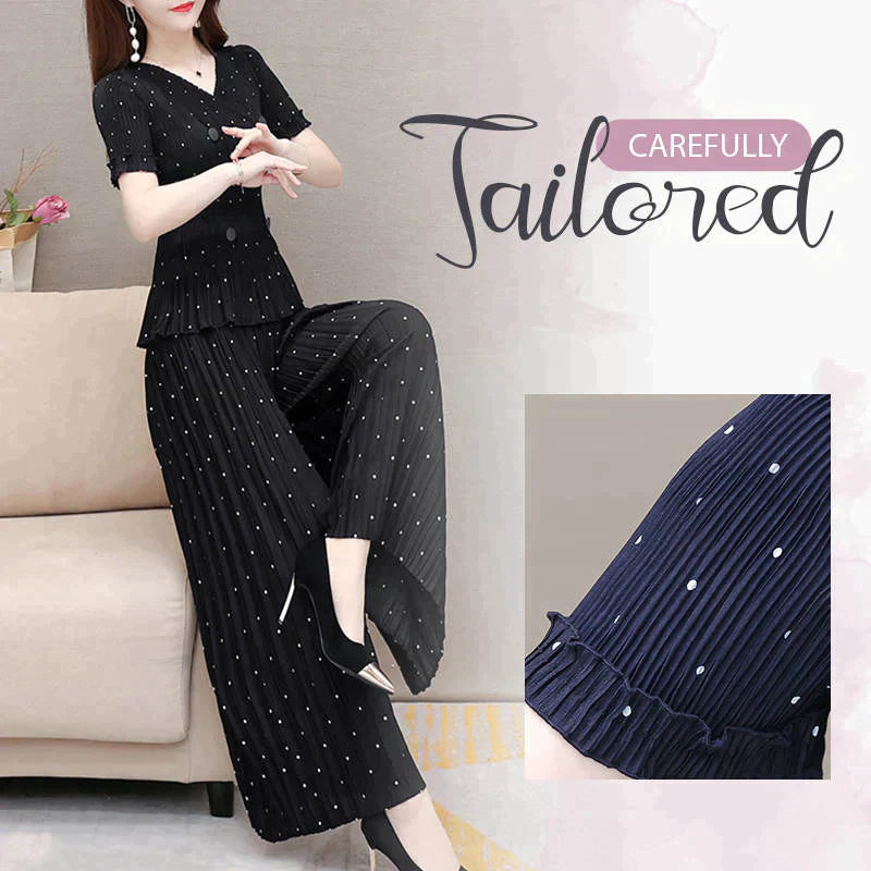 Moda Nuevo conjunto de pantalón de pierna ancha plisada