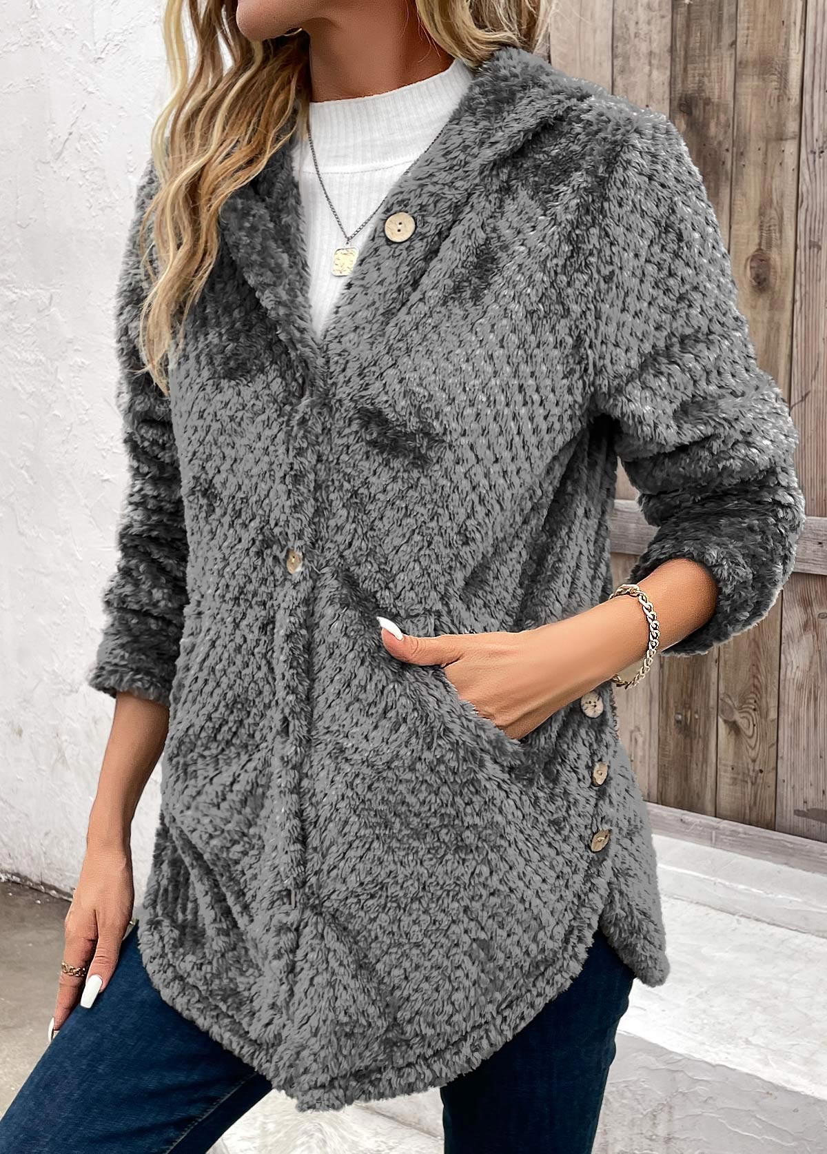Dark Grey Pocket Long Sleeve Hooded Coat