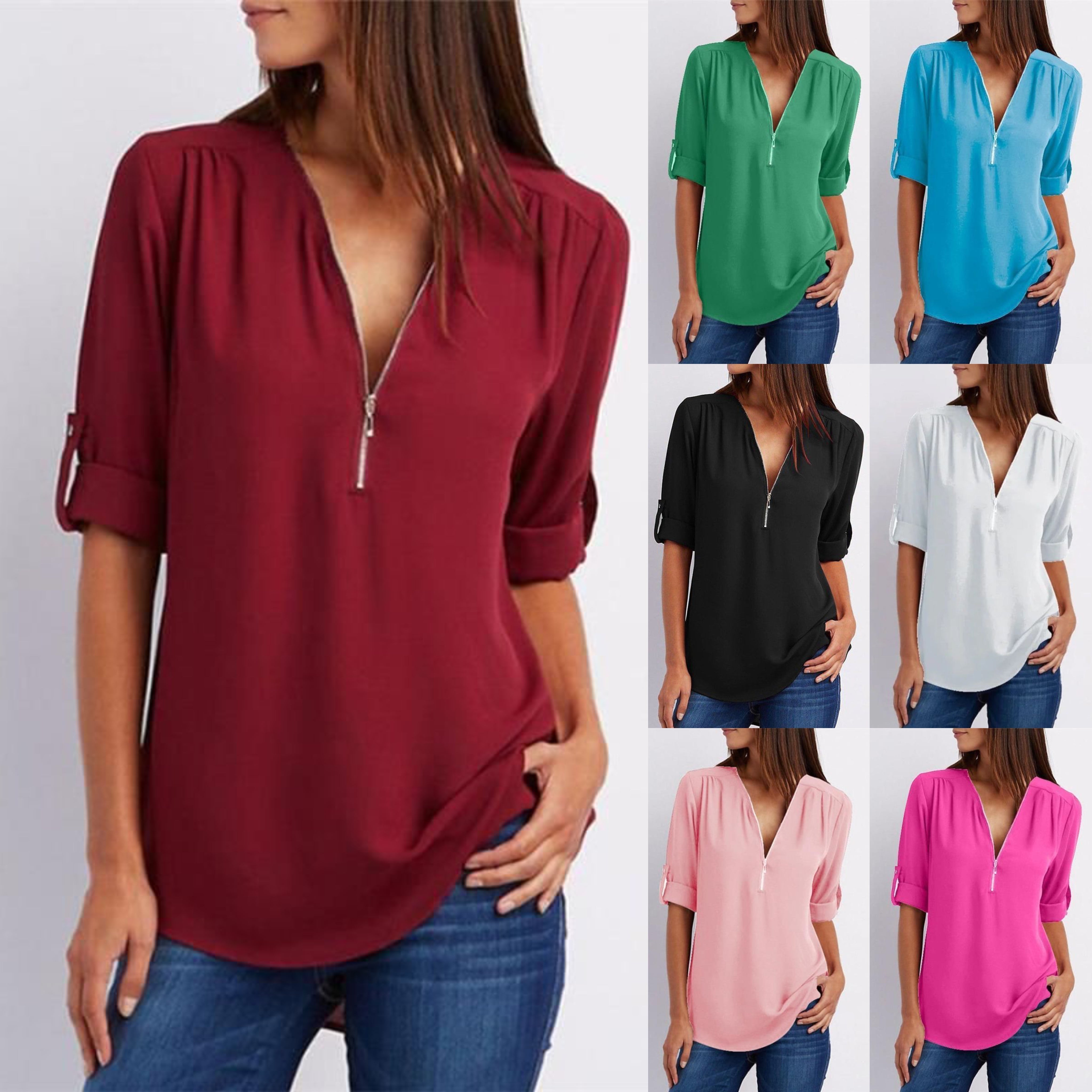 Camisa casual de mujer con cremallera y cuello en V- Compre 3 envío gratis?