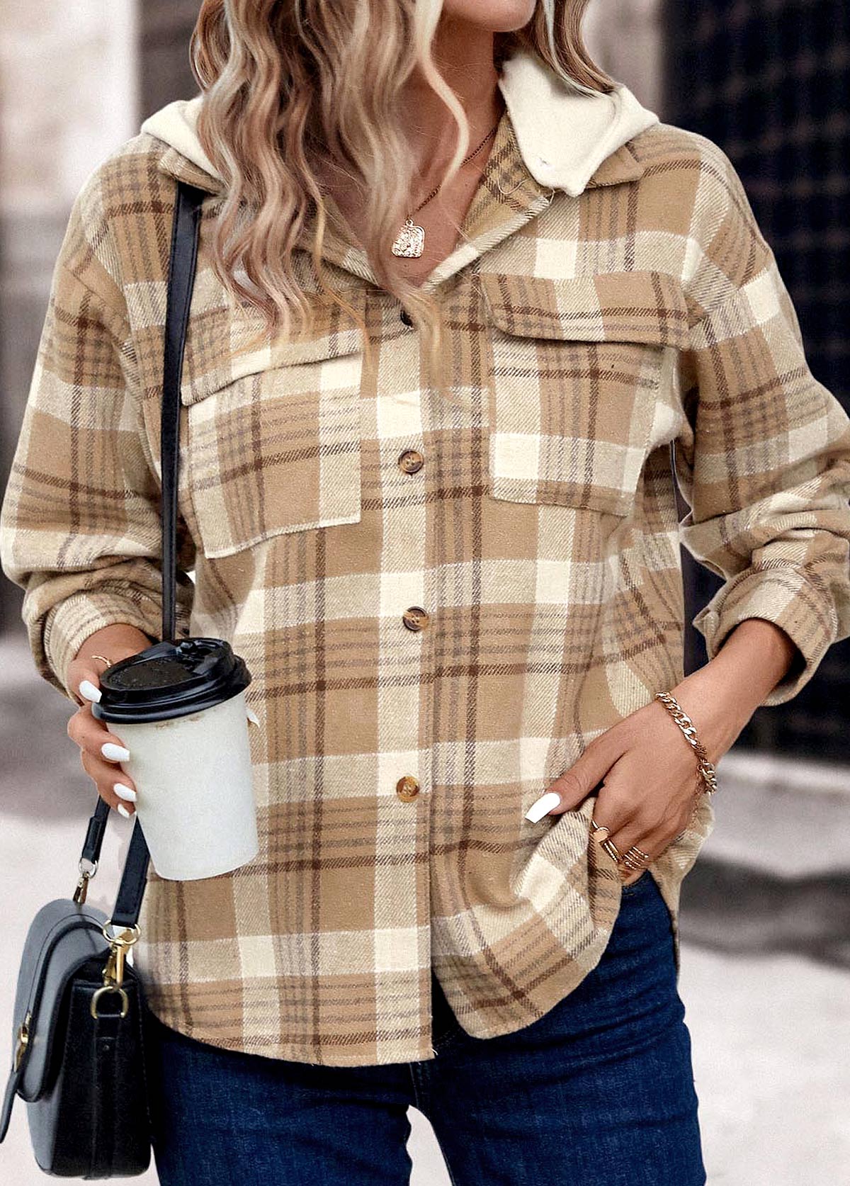 Light Camel Patchwork Plaid Long Sleeve Hooded Coat