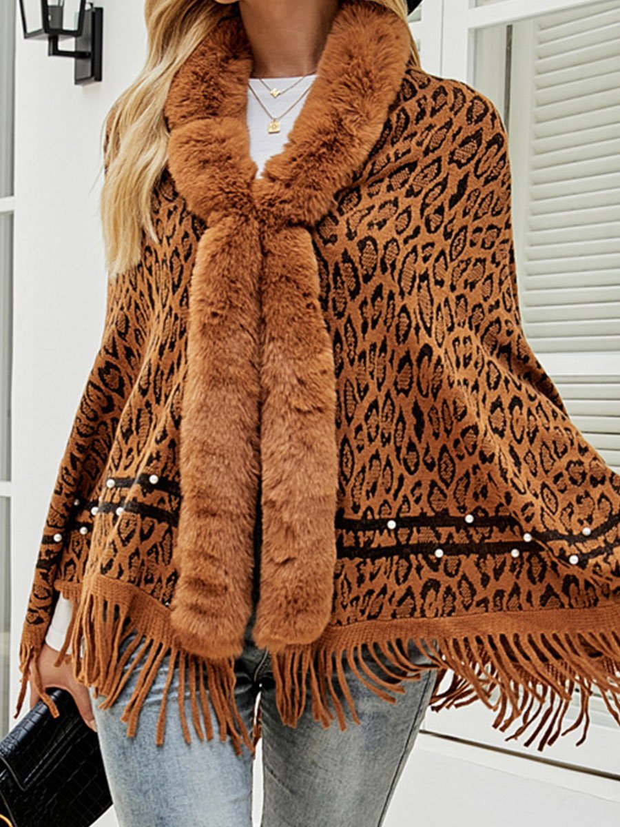 Women's Western Denim Leopard Print Fur Collar Fringe Jacket