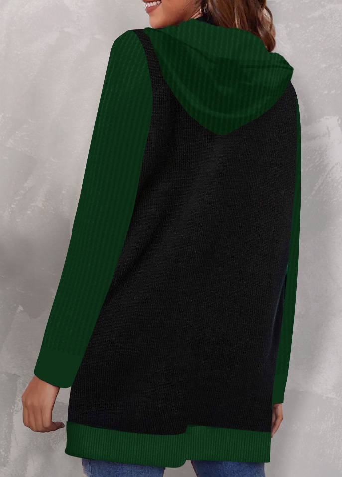 Green Pocket Christmas Print Long Sleeve Hooded Coat