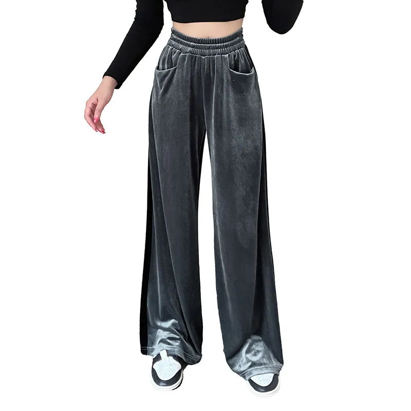 Womens Velvet Pants Wide Leg Y2K Elastic Waist Loose Baggy Lounge Athletic Trousers Jogger Sweatpants with Pockets