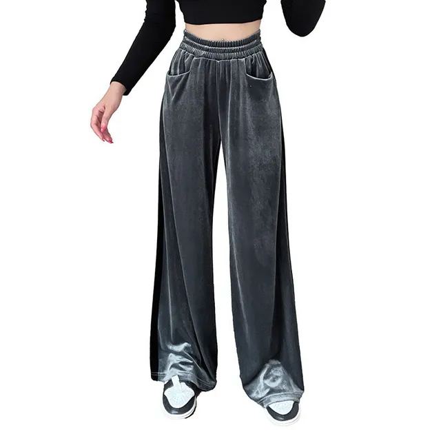 Womens Velvet Pants Wide Leg Y2K Elastic Waist Loose Baggy Lounge Athletic Trousers Jogger Sweatpants with Pockets
