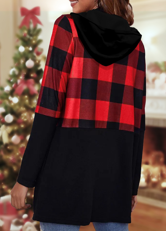 Black Pocket Tartan Print Long Sleeve Coat