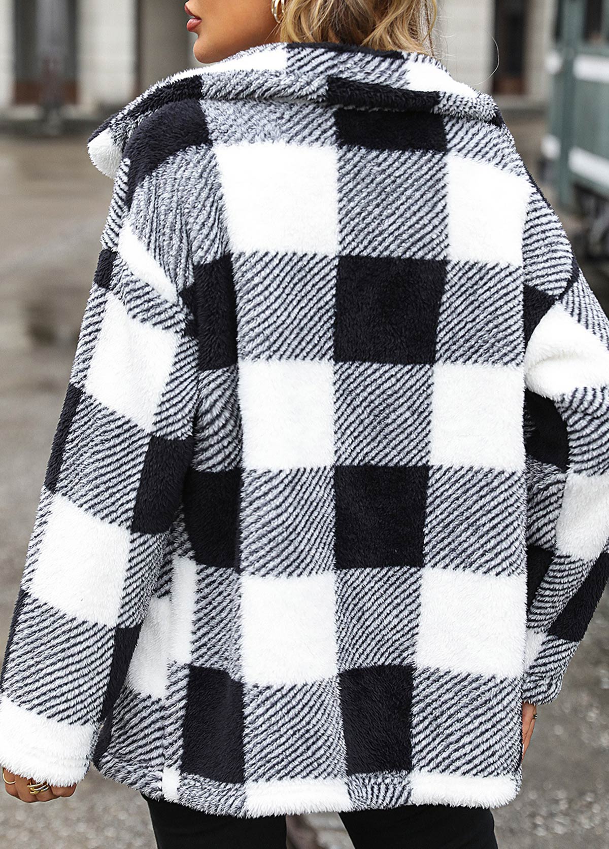 Black Pocket Plaid Long Sleeve Coat