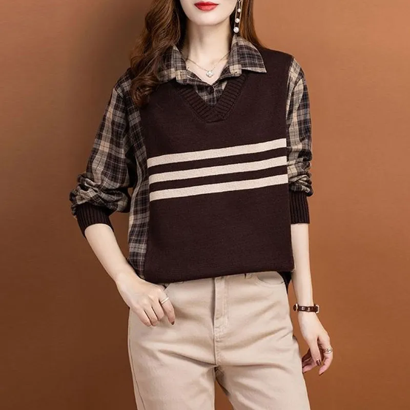 England Plaid Blouse Autumn Winter Fake Two Pieces Knitted Patchwork Women's Clothing Loose Commute Polo-Neck Long Sleeve Shirt