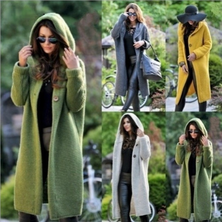 Women's Loose Knit Cardigan Sweater Hooded Mid-length Coat Fashion Sweaters 2023 Cardigans for Woman Knitwear Womens Clothing