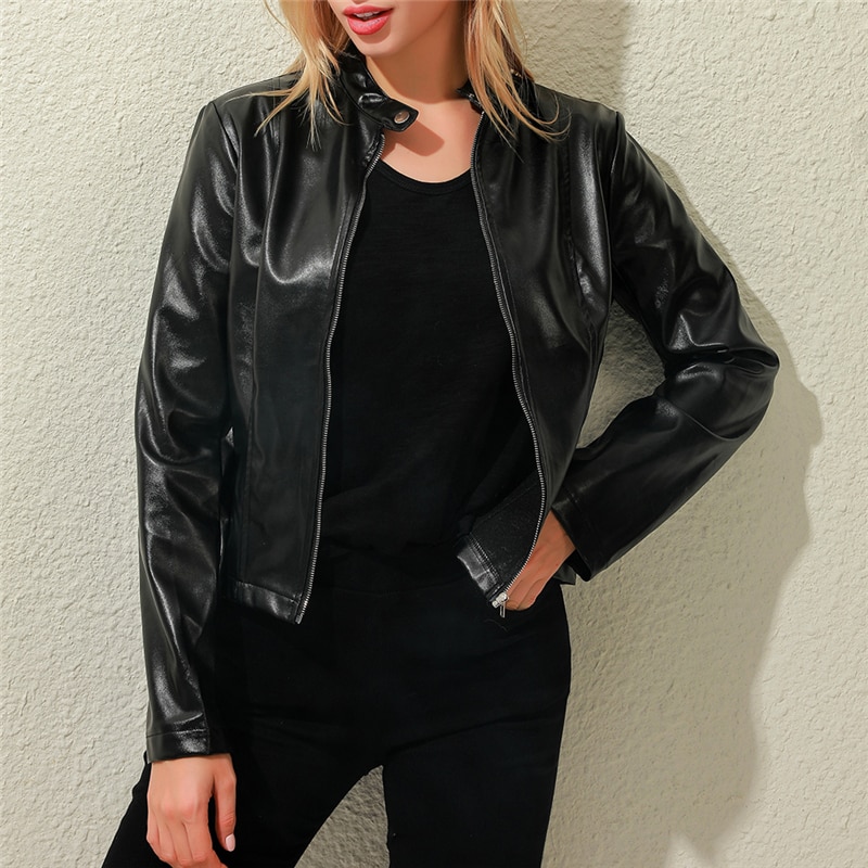New Ladies Slim Faux Leather Jacket Stand-Up Collar Long Sleeve Overcoat Zipper Cardigan Short Coat abrigos mujer invierno 2023