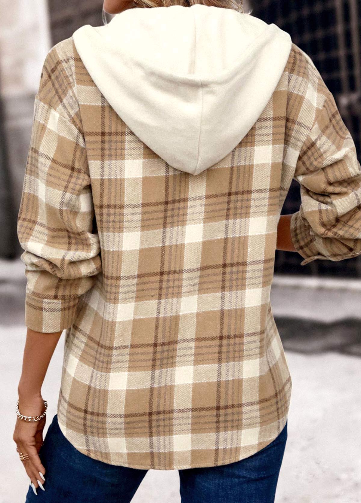 Light Camel Patchwork Plaid Long Sleeve Hooded Coat