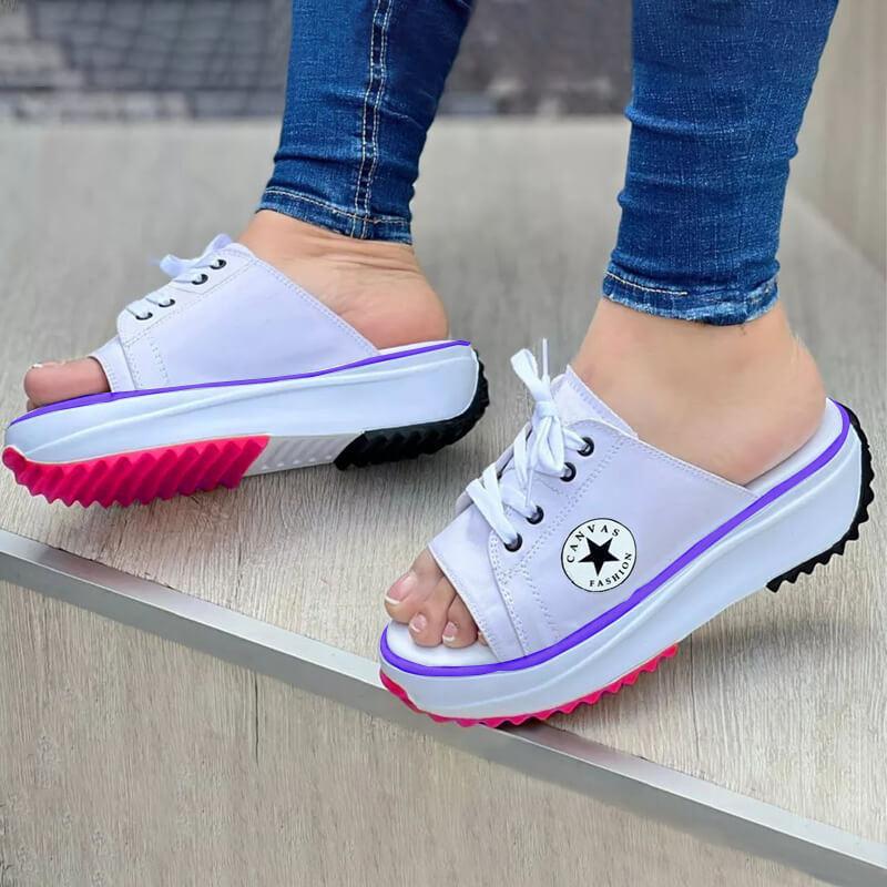 Sandalias con cordones de lona con punta abierta para uso diario informal a la moda para mujer