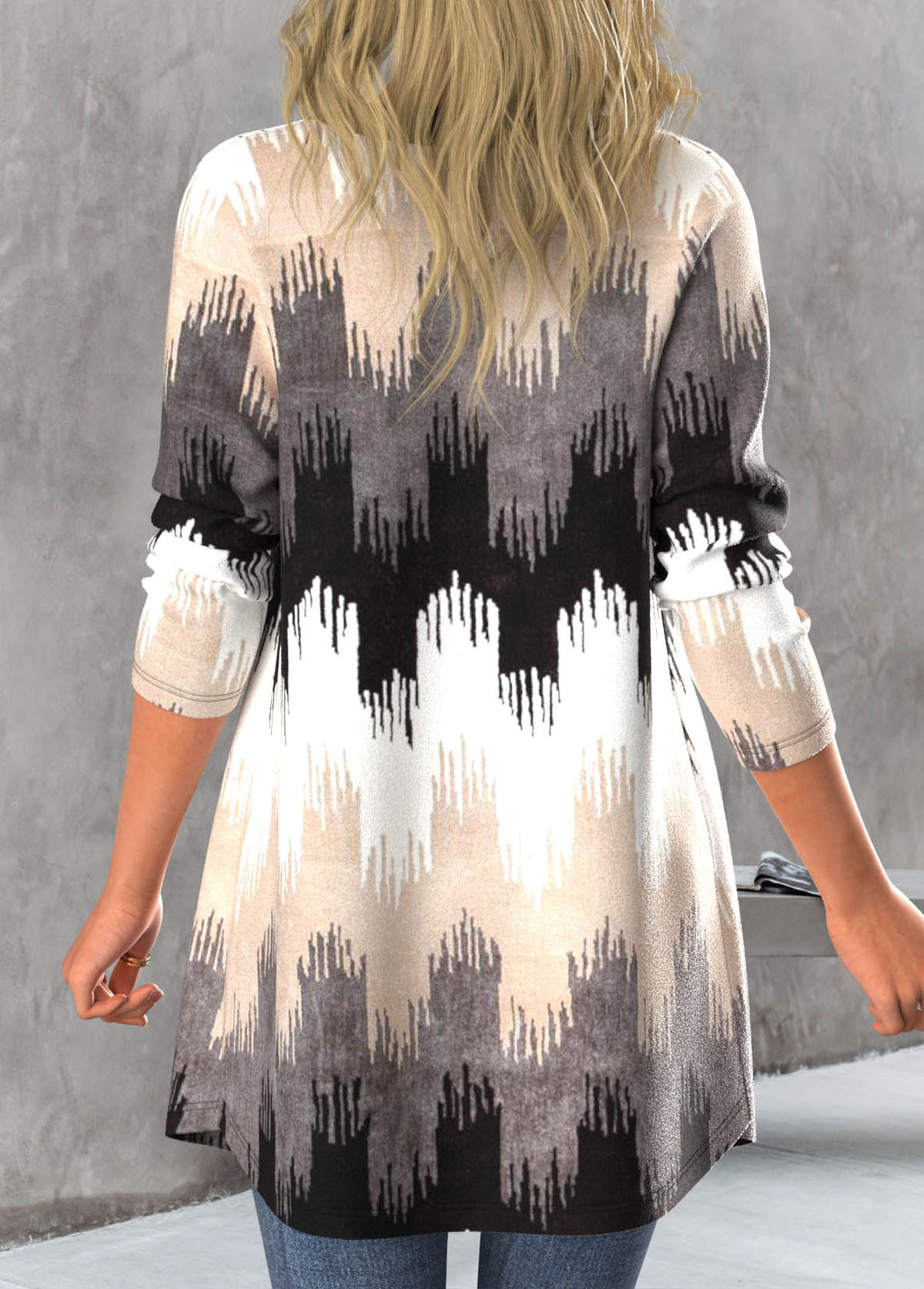 Black Button Geometric Print Long Sleeve Coat