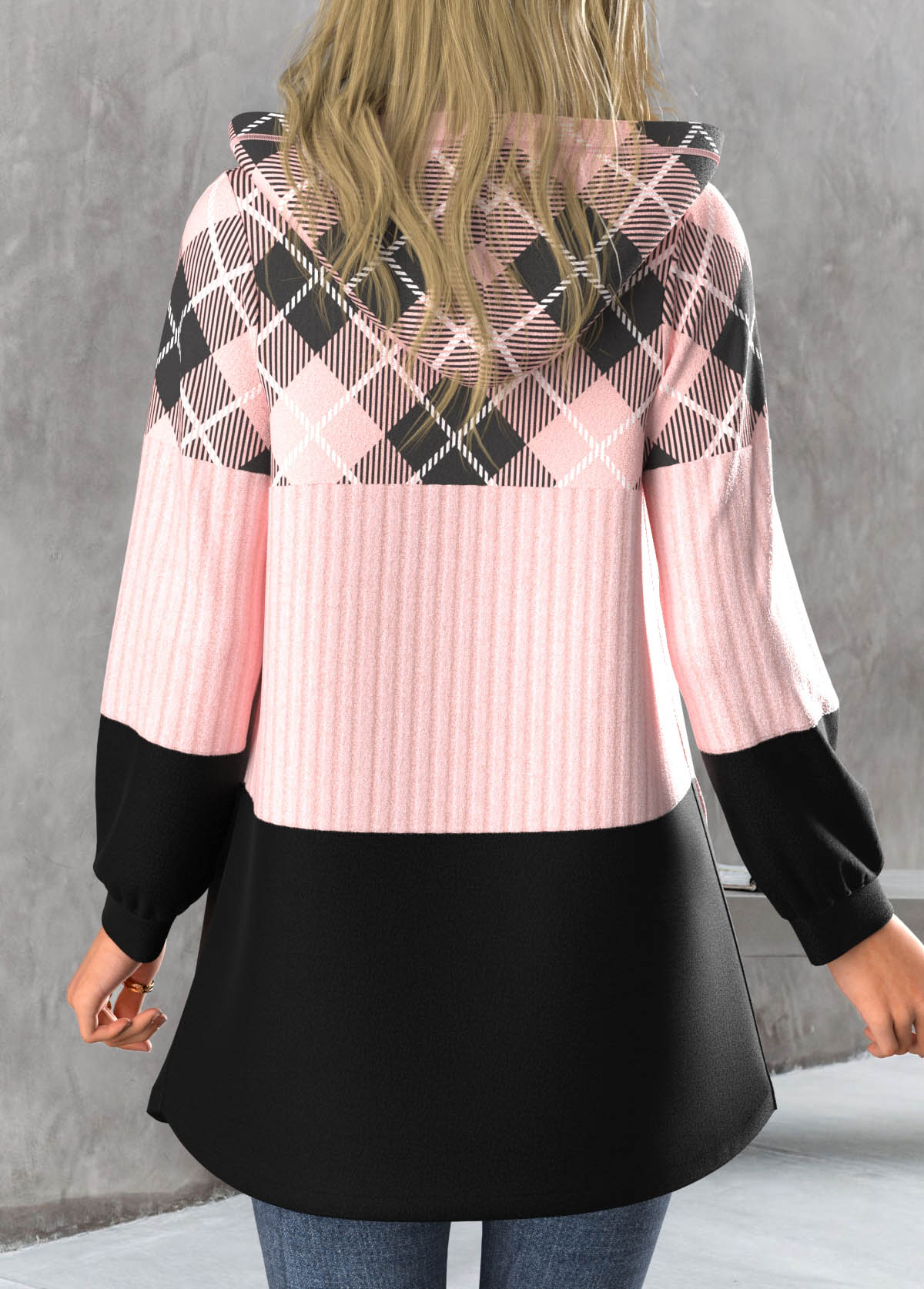 Light Pink Zipper Plaid Long Sleeve Hooded Jacket
