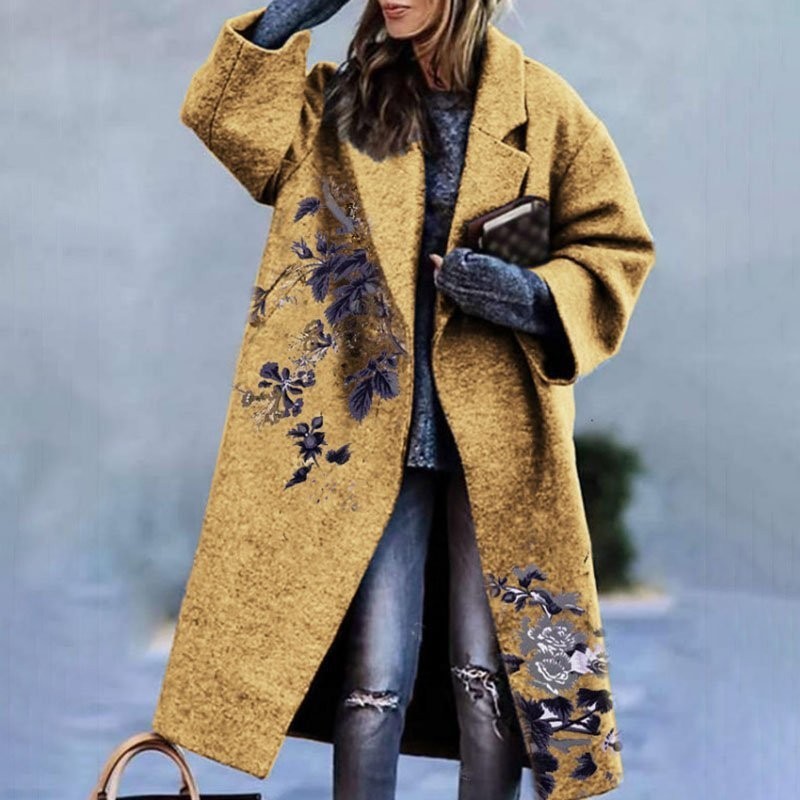 Long-sleeved printed coat lapel coat
