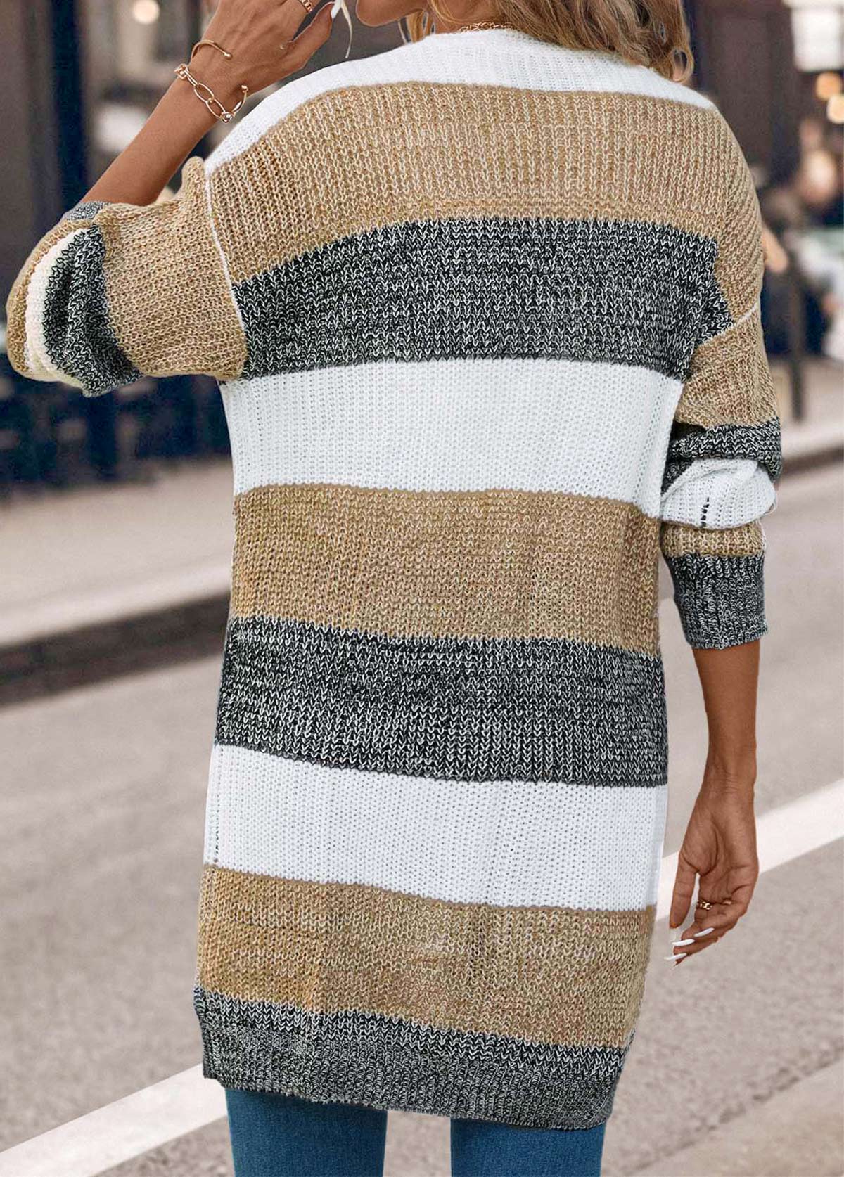 Dark Grey Weave Long Sleeve V Neck Coat