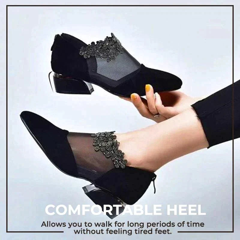 Zapatos de tacón grueso hueco de diamantes de imitación