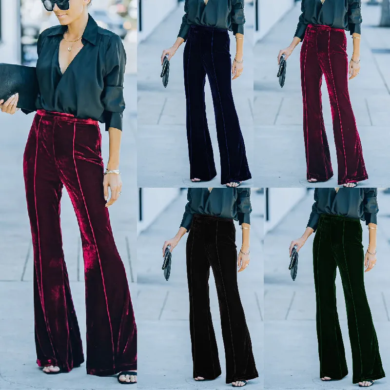 Pleuche High Waisted Flared Pants New Vintage Wide Leg Pants Fashion Streetwear Elegant Trousers Women Clothes Pantalon Femme