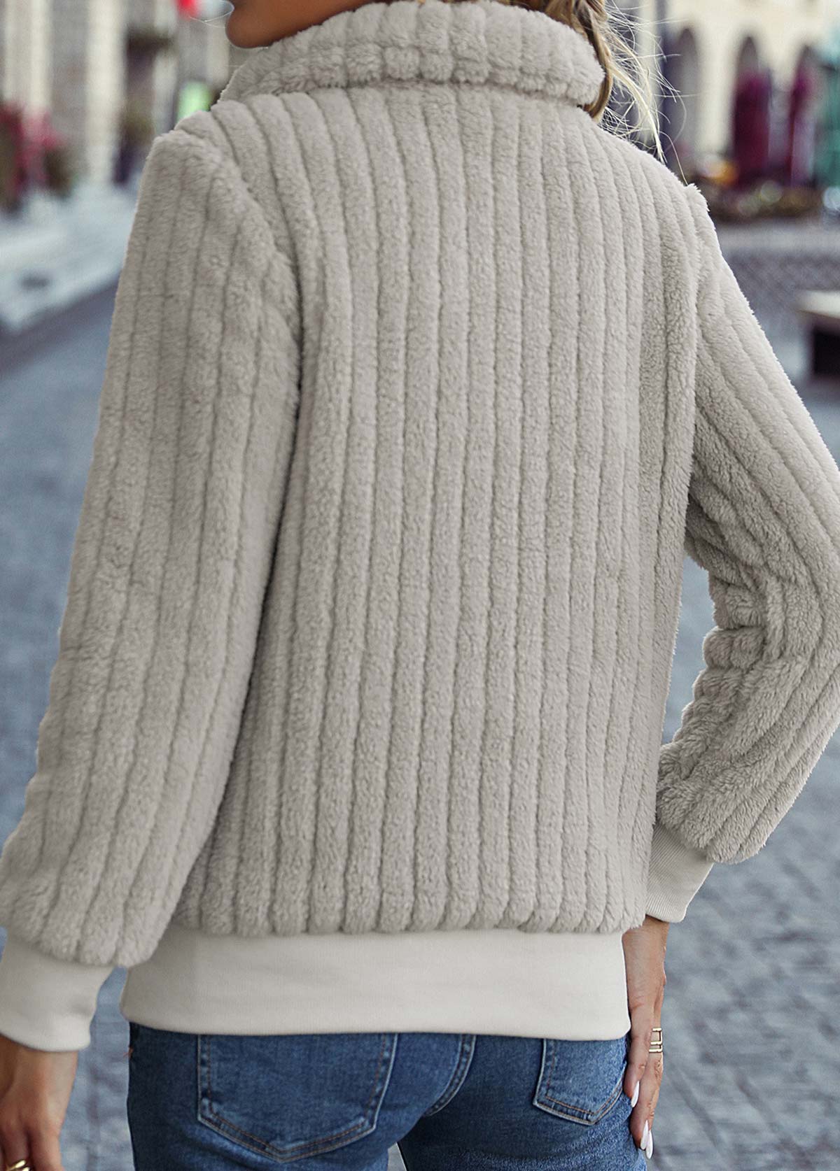 Beige Pocket Long Sleeve Turn Down Collar Coat